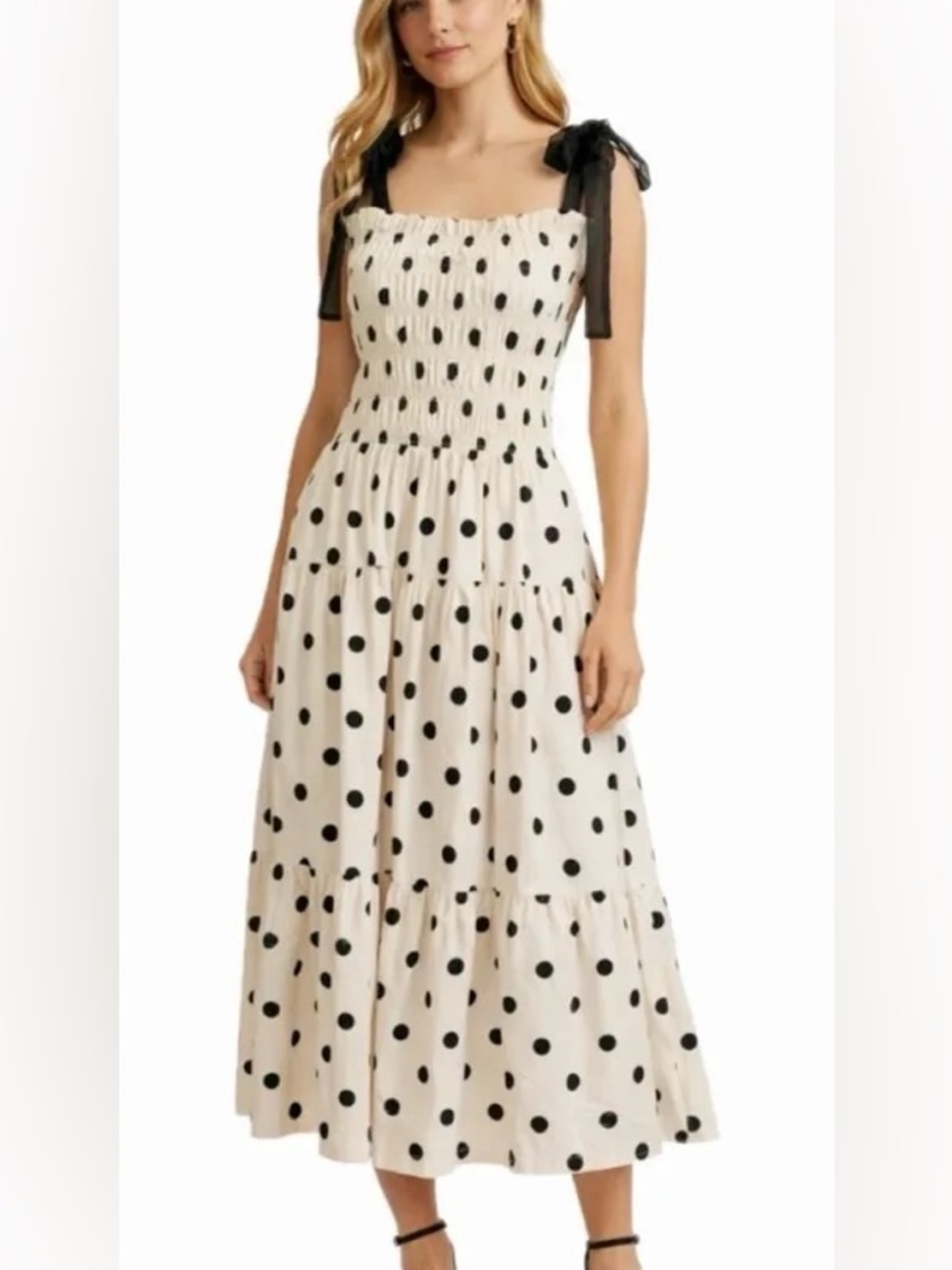 En Saison Polka Dot Smocked Maxi Dress — Black on Cream